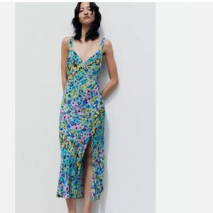 ZARA Floral Print V-Neck Midi Dress Sleeveless Flowy Size L NEW WITH TAG!